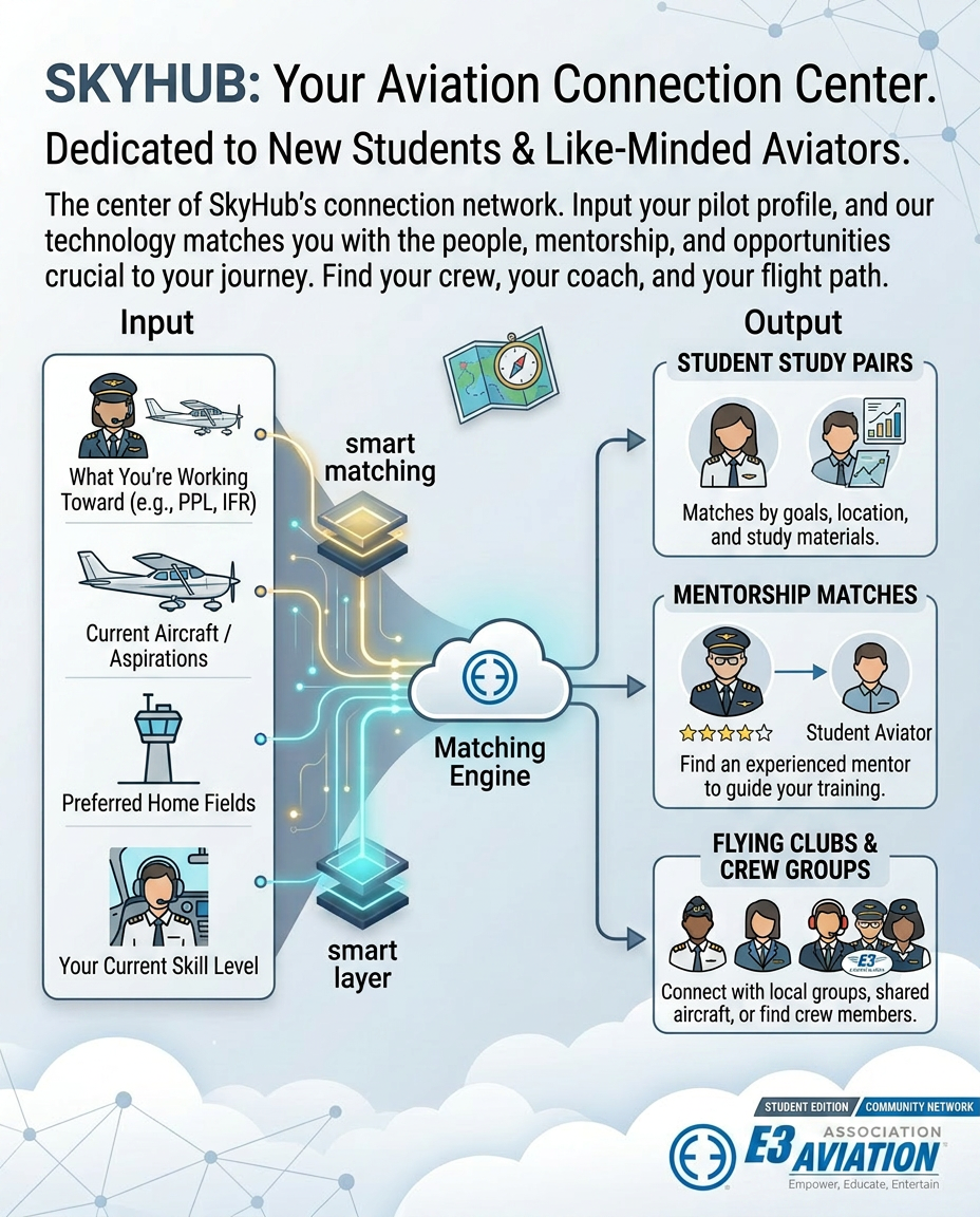 SkyHub — your aviation connection center; how the matching engine pairs pilots, mentors, and crews