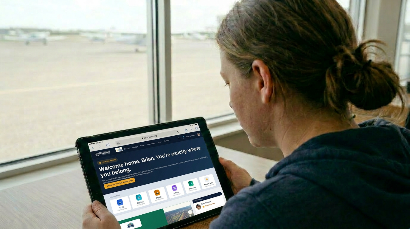 A member exploring the E3 Aviation platform on her iPad at the airport