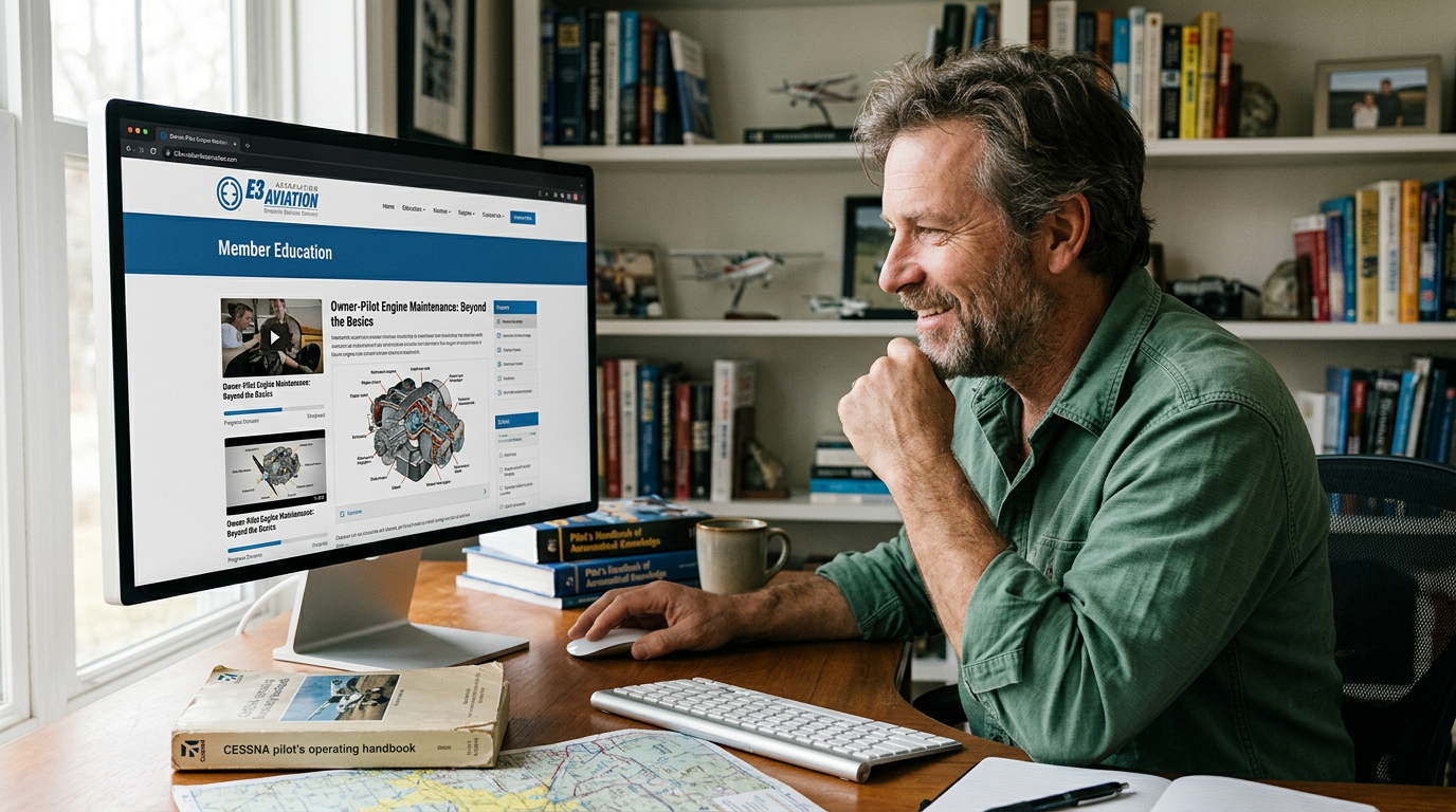 E3 Aviation member at his home desk reading Member Education on his desktop monitor