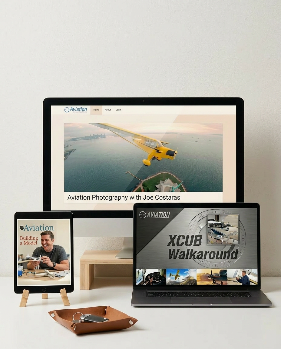 E3 Aviation education library shown across desktop, tablet, and laptop