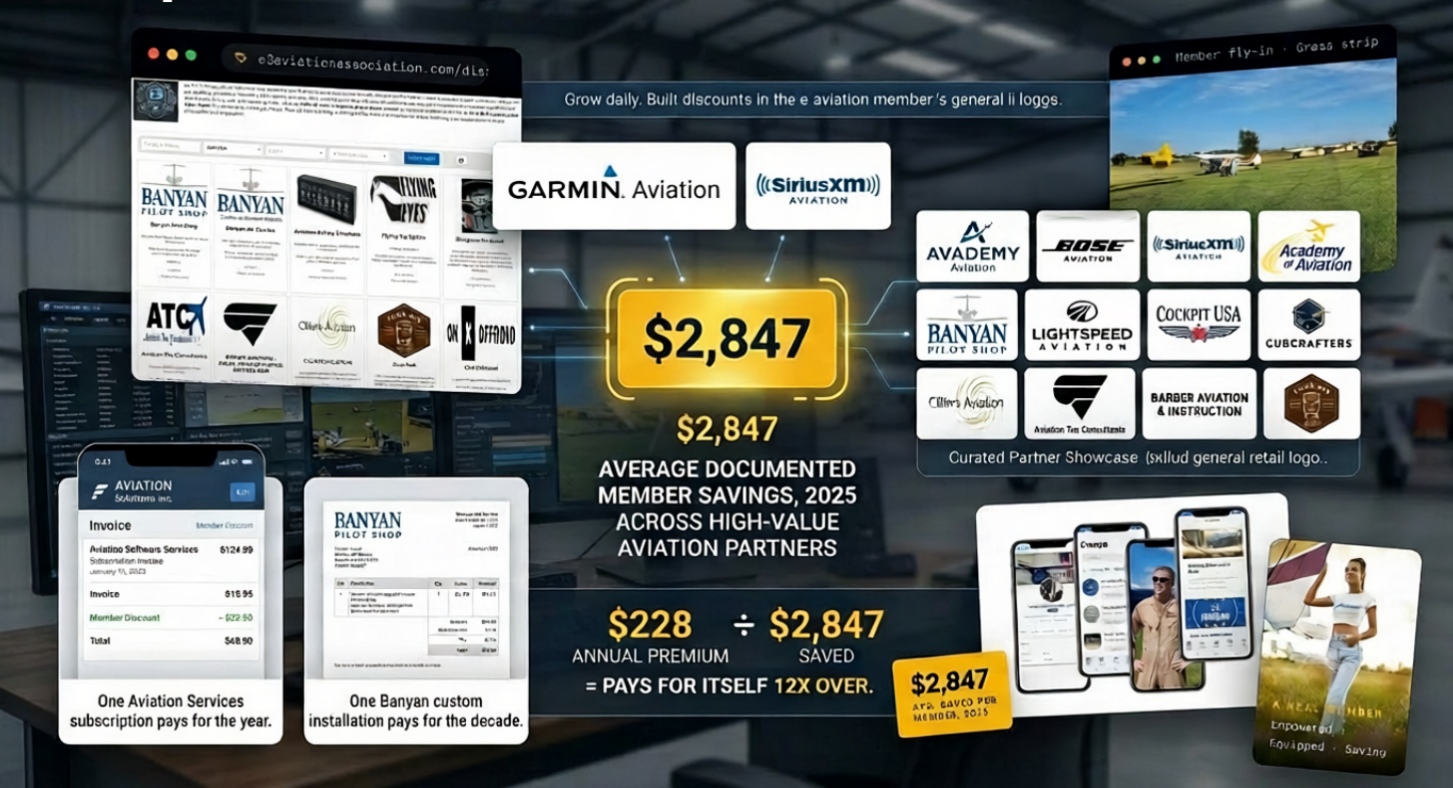 E3 Aviation member savings — $2,847 documented average across high-value aviation partners: Garmin, Bose, SiriusXM, Banyan, Lightspeed, Cockpit USA, CubCrafters, ForeFlight, and more. One subscription pays for the year; one Banyan install pays for the decade.