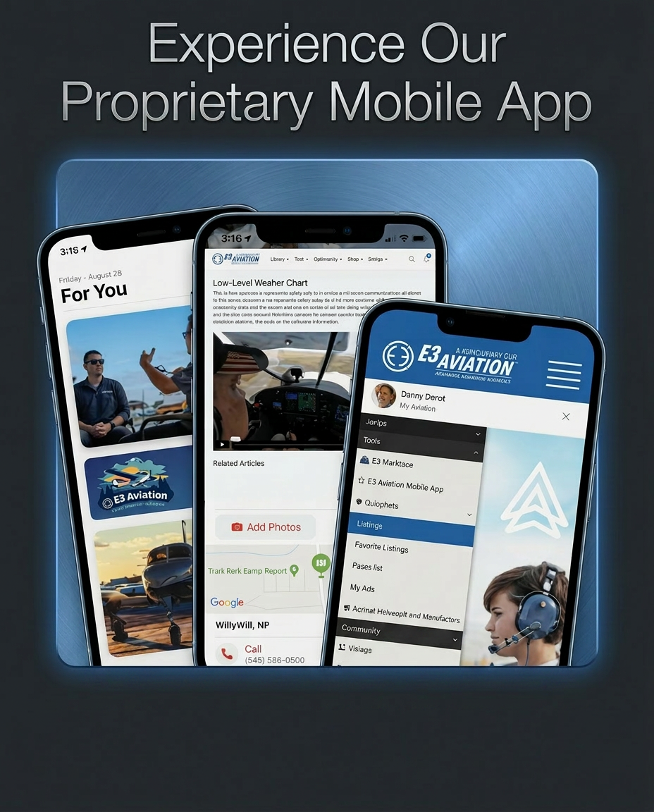 The E3 Aviation mobile app shown across multiple phones