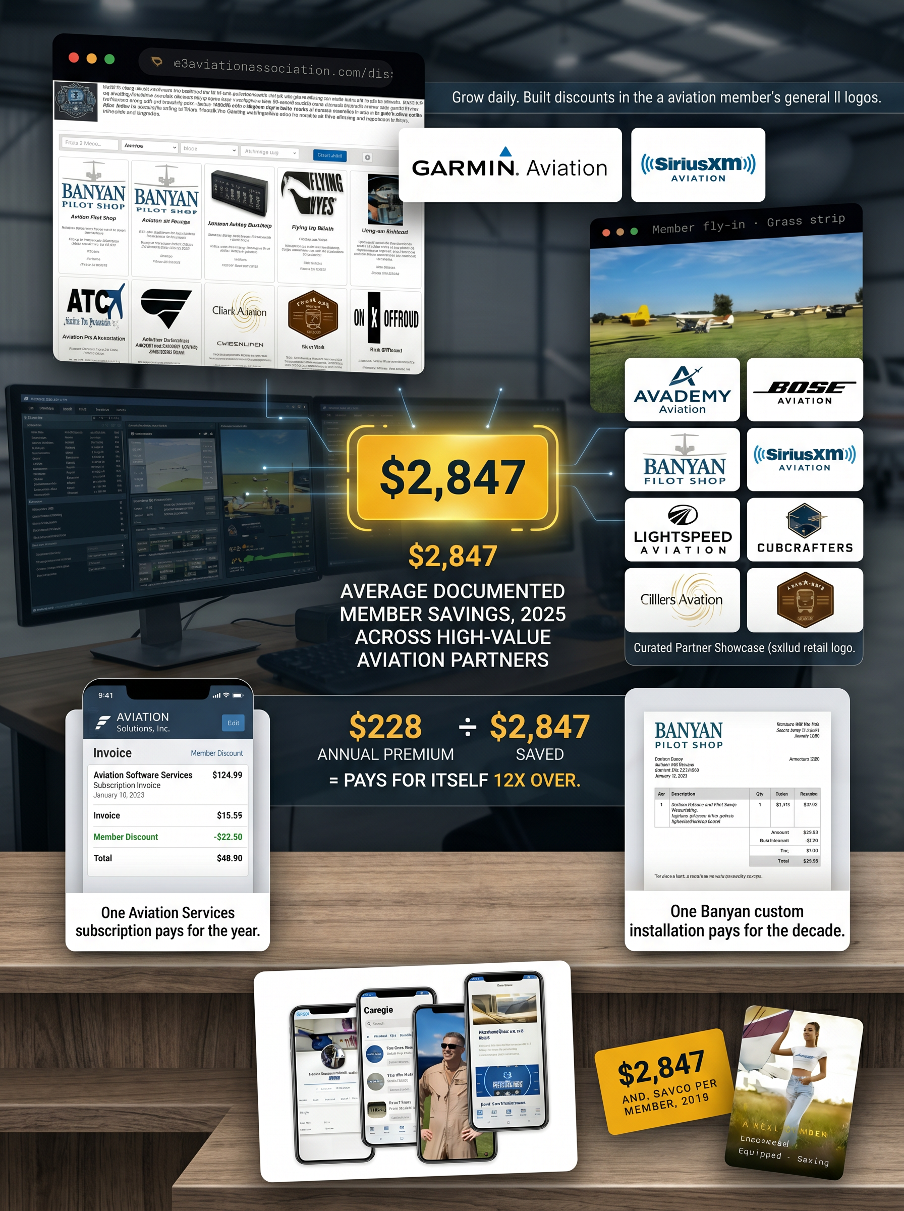 E3 Aviation member savings — $2,847 average documented across high-value aviation partners: Banyan, Garmin, SiriusXM, Bose, Lightspeed, Cockpit USA, CubCrafters and more. Pays for itself 12× over.
