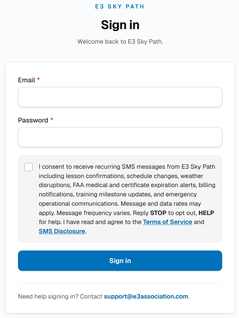 E3 Sky Path SMS consent checkbox shown during account activation, with the consent language and unchecked checkbox visible on the sign-in screen.