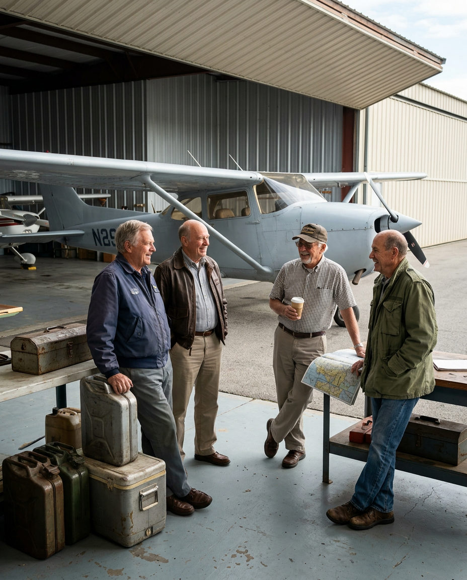 Members talking aircraft and routes in a hangar